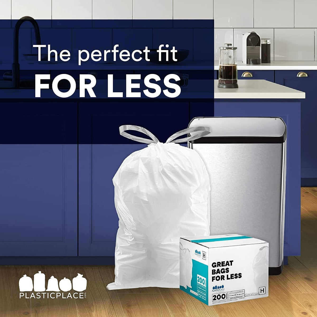 Plasticplace Custom Fit Trash Bags Compatible w Simplehuman Code H Drawstring Bags 8-9 Gallon Tear-Resistant Liner 200 Count Heavy-Duty Waste Disposal