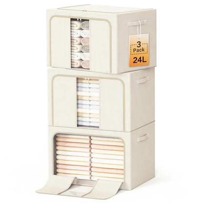 Clothes Storage Bins with Metal Frame Foldable Storage Box Clothes Organizers Storage Containers for Clothes Sheets Blankets Books Toys Gifts and Holiday Decorations (66Lx3 Pack)