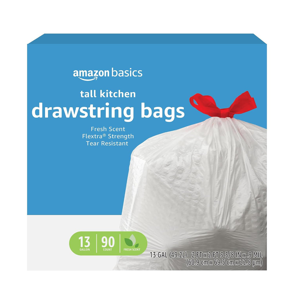 Amazon Basics Flextra Strength Tall Kitchen Drawstring Trash Bags, Fresh Scent, Tear Resistant, 13 Gallon, 90 Count
