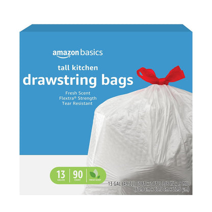 Amazon Basics Flextra Strength Tall Kitchen Drawstring Trash Bags, Fresh Scent, Tear Resistant, 13 Gallon, 90 Count