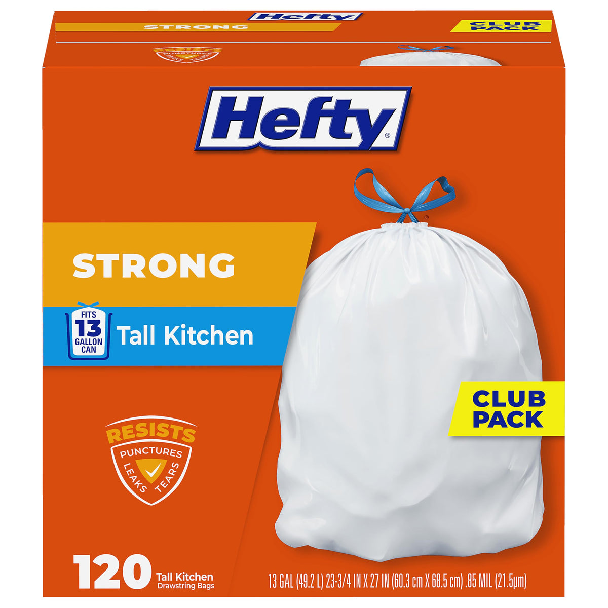 Hefty Strong 13G Tall Kitchen Trash Bags, White, Unscented, 90ct