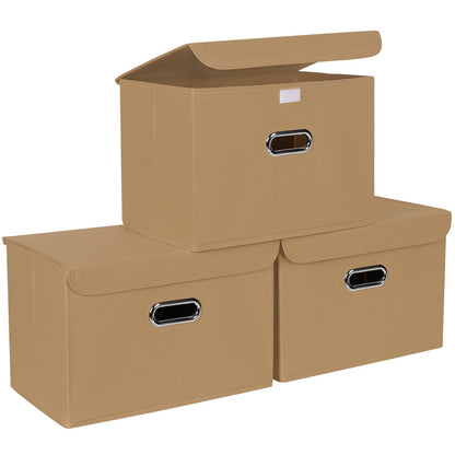 STOREONE Fabric Storage Cube Bins Foldable Organizer Container Collapsible Basket with Lids and Metal Handles, for Home, Bedroom, Closet (Black, 3 Pcs)
