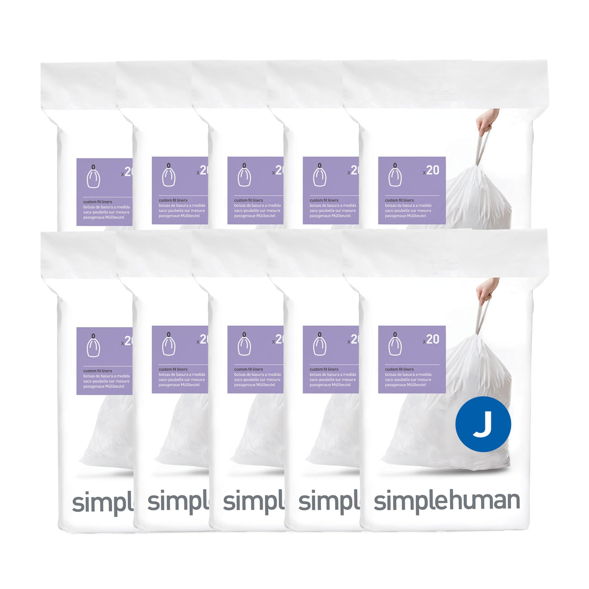simplehuman Code J 100 Count Custom Fit Liners, Drawstring Kitchen Trash Bags, One-by-One Mess-Free Dispense, Extra Thick & Double Seamed, 50% PCR Plastic, 38-45 Liter / 10-12 Gallon, White
