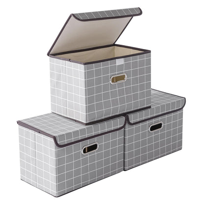 STOREONE Fabric Storage Cube Bins Foldable Organizer Container Collapsible Basket with Lids and Metal Handles, for Home, Bedroom, Closet (Black, 3 Pcs)