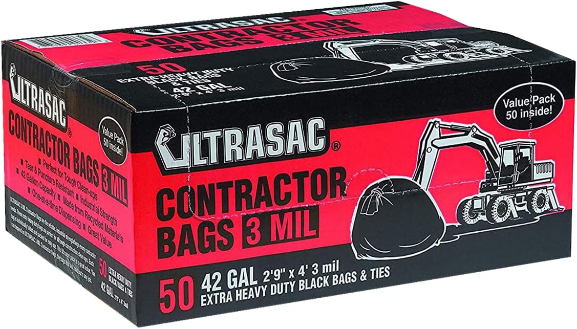 Ultrasac Heavy Duty Contractor Bags (VALUE 50 PACK/w TIES), 42 Gallon, 32.75" X 47" - 3 MIL Thick Large Black Industrial Garbage Trashbags for Construction and Commercial use