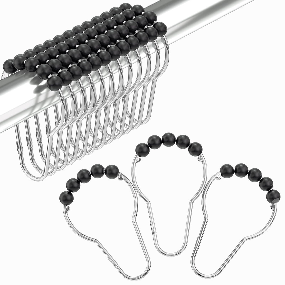 Amazer Shower Curtain Hooks, Decorative Rust Proof Stainless Steel Shower Curtain Hooks for Bathroom Shower Rods Set of 12, Polished Nickel