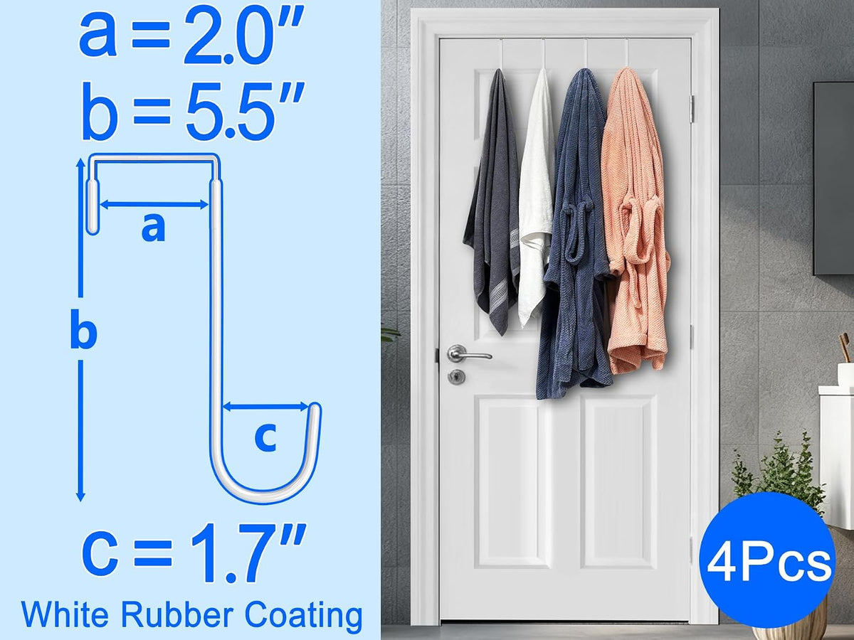 Single Over Thick Front Door Steel Hooks 4 Pack Fit 2" Door 5.5" White