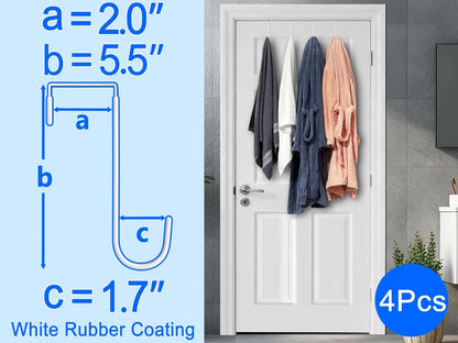 Single Over Thick Front Door Steel Hooks 4 Pack Fit 2" Door 5.5" White