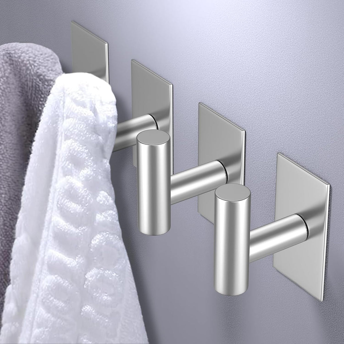 VAEHOLD Wall Towel Hooks, Heavy Duty Sticky Holder Waterproof Towel Hooks for Hanging Coat, Clothes, Closet Hook Wall Mount for Kitchen (Silver, 2 Pack)