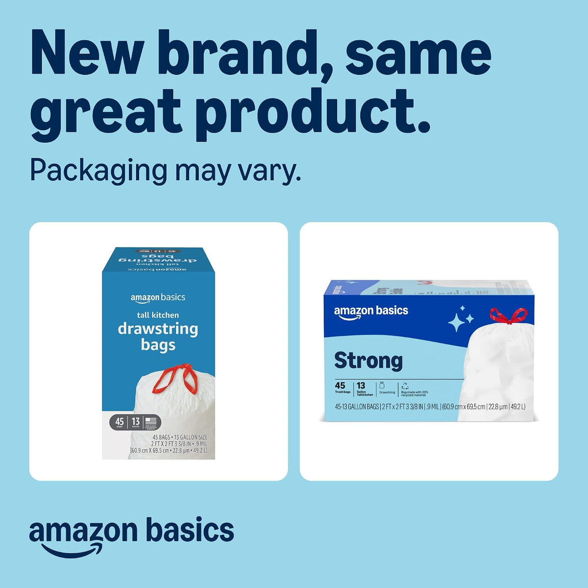 Amazon Basics Trash Bags, Tall Kitchen Drawstring, Unscented, 13 Gallon, 45 Count, Pack of 1, Packaging May Vary