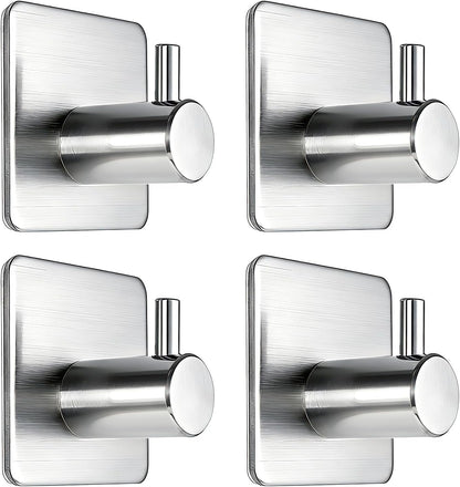 Fotosnow Adhesive Towel Hooks 15lbs Heavy Duty Wall Hooks Waterproof Stainless Steel Hanger for Hanging Coat, Hat, Towel Robe Hook Rack Wall Mount- Bathroom and Bedroom 4-Packs