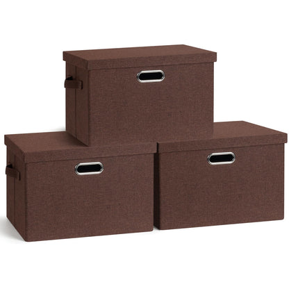 Graciadeco Large Quart Collapsible Stackable Storage Bins with Lids, 3 Packs Beige Linen Fabric Closet Boxes with Lids, Storage Cube Baskets Container Organizers for Bedroom Office(16.6 x 11.7 x 10.8)