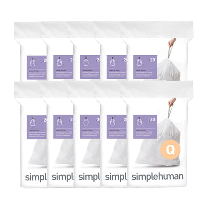 simplehuman Code Q 100 Count Custom Fit Liners, Drawstring Kitchen Trash Bags, One-by-One Mess-Free Dispense, Extra Thick & Double Seamed, 50% PCR Plastic, 50-65 Liter / 13-17 Gallon, White