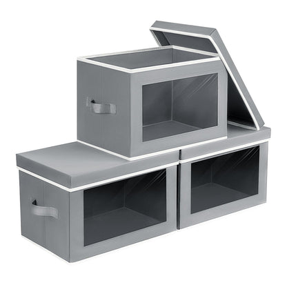 Homsorout Storage Bins with Lids - Fabric Storage Boxes with Window, Collapsible Closet Organizers with Handles, 3 Pack Decorative Bin, Home Cubes Baskets for Clothes, Hat, Books, Dark Grey