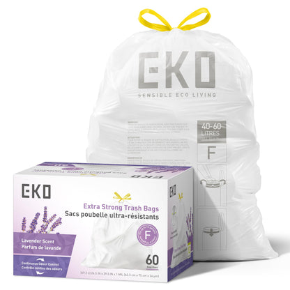 EKO 21 Gallon / 50-90 Liter, 60 Count Drawstring Trash Bags, Extra-Strong Unscented Garbage Bags, Easy-Dispense Roll for Kitchen & Household Use, Code G, White