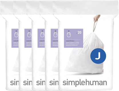 simplehuman Code J 100 Count Custom Fit Liners, Drawstring Kitchen Trash Bags, One-by-One Mess-Free Dispense, Extra Thick & Double Seamed, 50% PCR Plastic, 38-45 Liter / 10-12 Gallon, White