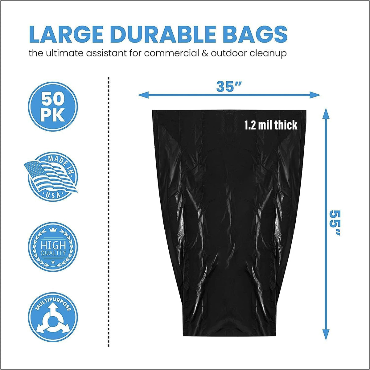 ToughBag 55 Gallon Heavy Duty Contractor Trash Bags, 50 Ct, Black, 1.2 Mil
