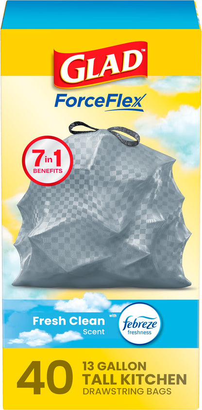 Glad Trash Bags, ForceFlex Tall Kitchen Drawstring Garbage Bags, Fresh Clean, 13 Gal, 40 Ct (Package May Vary)