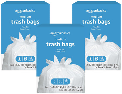 Amazon Basics 8 Gallon Flap Tie Trash Bags, Fresh Scent, 80 Count