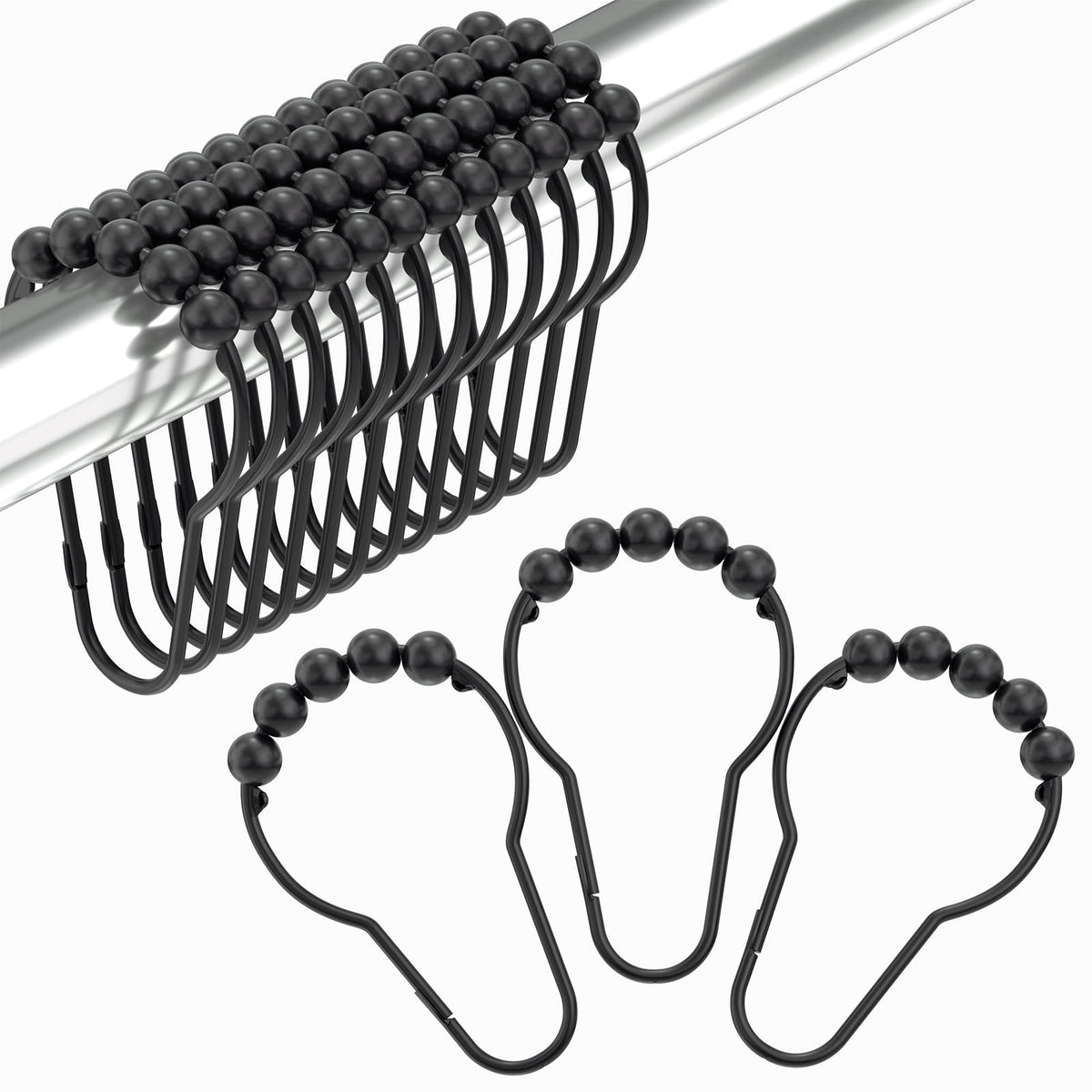 Amazer Shower Curtain Hooks, Decorative Rust Proof Stainless Steel Shower Curtain Hooks for Bathroom Shower Rods Set of 12, Polished Nickel