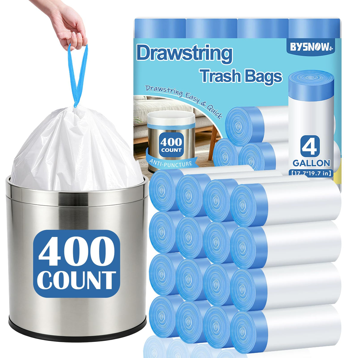 BYSNOW 4 Gallon 200 Counts Small Trash Bags, White Drawstring Garbage Bags