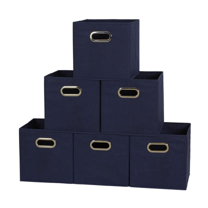 Household Essentials Foldable Fabric Storage Bins 6 Piece Set, Strong Poly-Woven Fabric, Sturdy Chipboard Sides, Grommet Front Handle, Stackable, Classic Design, Black