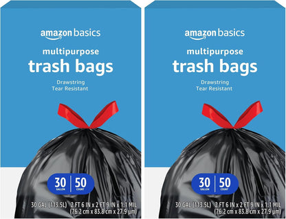 Amazon Basics Multipurpose Drawstring Trash Bags, 30 Gallon Capacity, Tear Resistant, 50 Count (Previously Solimo)