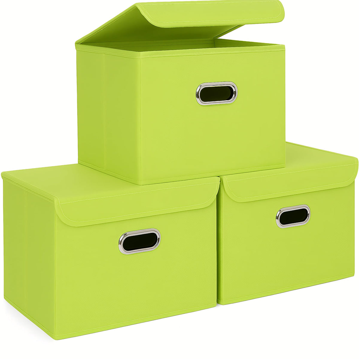 STOREONE Fabric Storage Cube Bins Foldable Organizer Container Collapsible Basket with Lids and Metal Handles, for Home, Bedroom, Closet (Black, 3 Pcs)