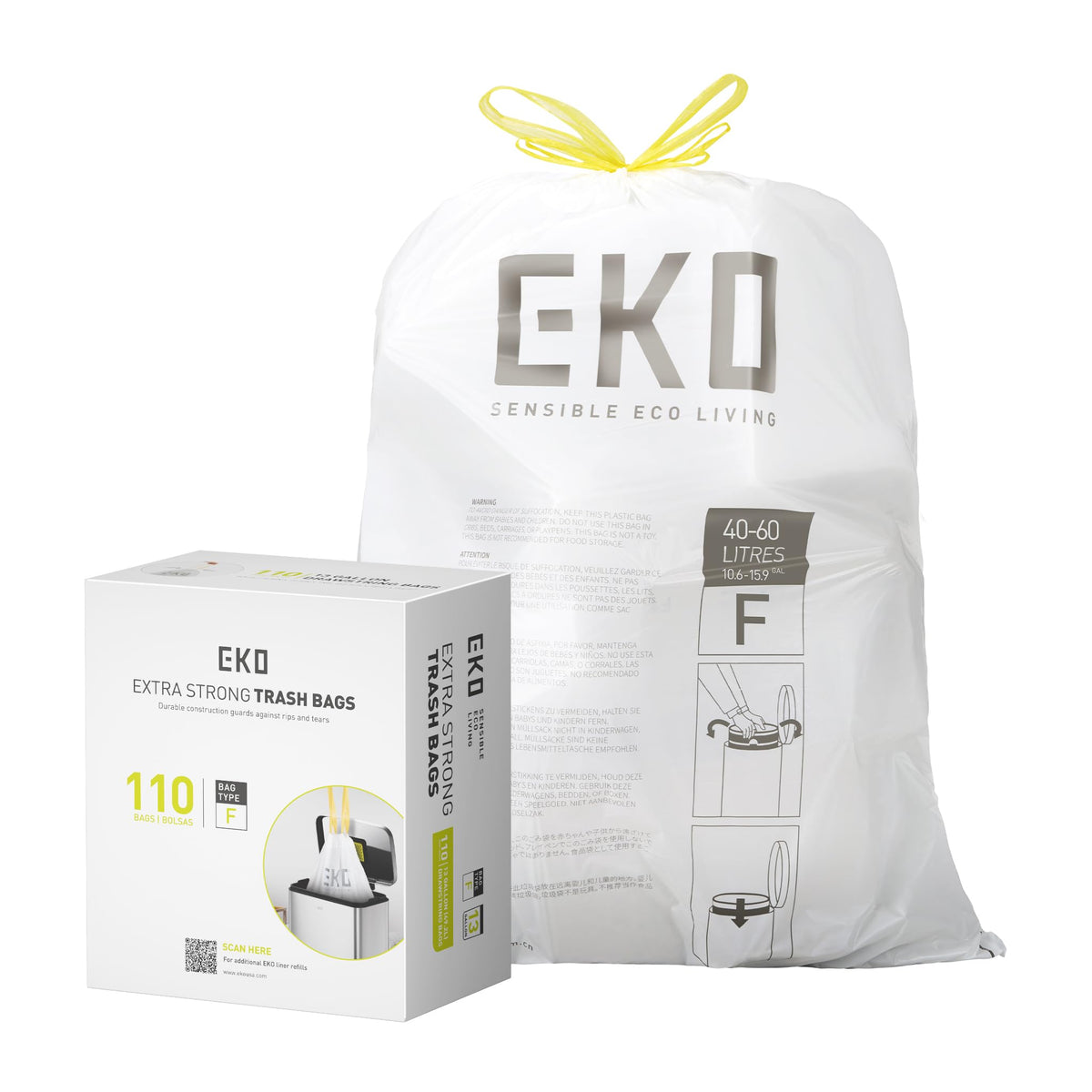 EKO 21 Gallon / 50-90 Liter, 60 Count Drawstring Trash Bags, Extra-Strong Unscented Garbage Bags, Easy-Dispense Roll for Kitchen & Household Use, Code G, White