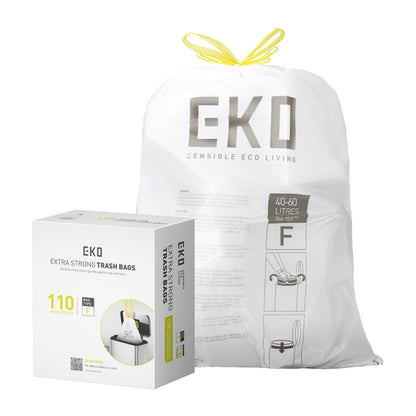 EKO 21 Gallon / 50-90 Liter, 60 Count Drawstring Trash Bags, Extra-Strong Unscented Garbage Bags, Easy-Dispense Roll for Kitchen & Household Use, Code G, White