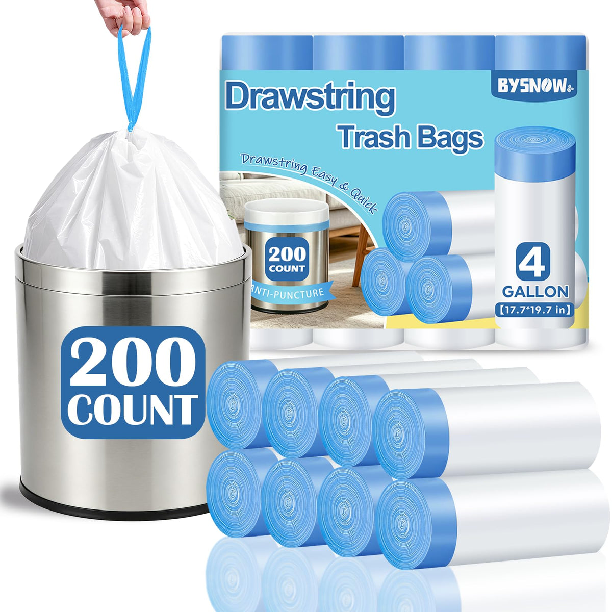 BYSNOW 4 Gallon 200 Counts Small Trash Bags, White Drawstring Garbage Bags