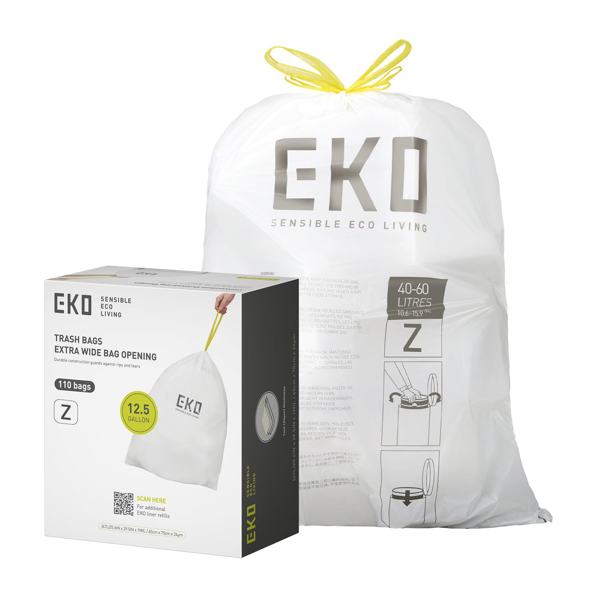 EKO 21 Gallon / 50-90 Liter, 60 Count Drawstring Trash Bags, Extra-Strong Unscented Garbage Bags, Easy-Dispense Roll for Kitchen & Household Use, Code G, White