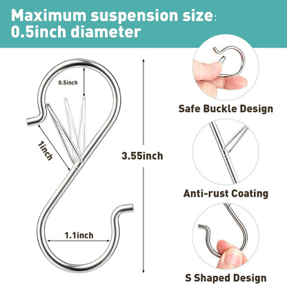 12 Pcs S Hooks for Hanging Heavy Duty, Metal S Hook with Safety Buckle