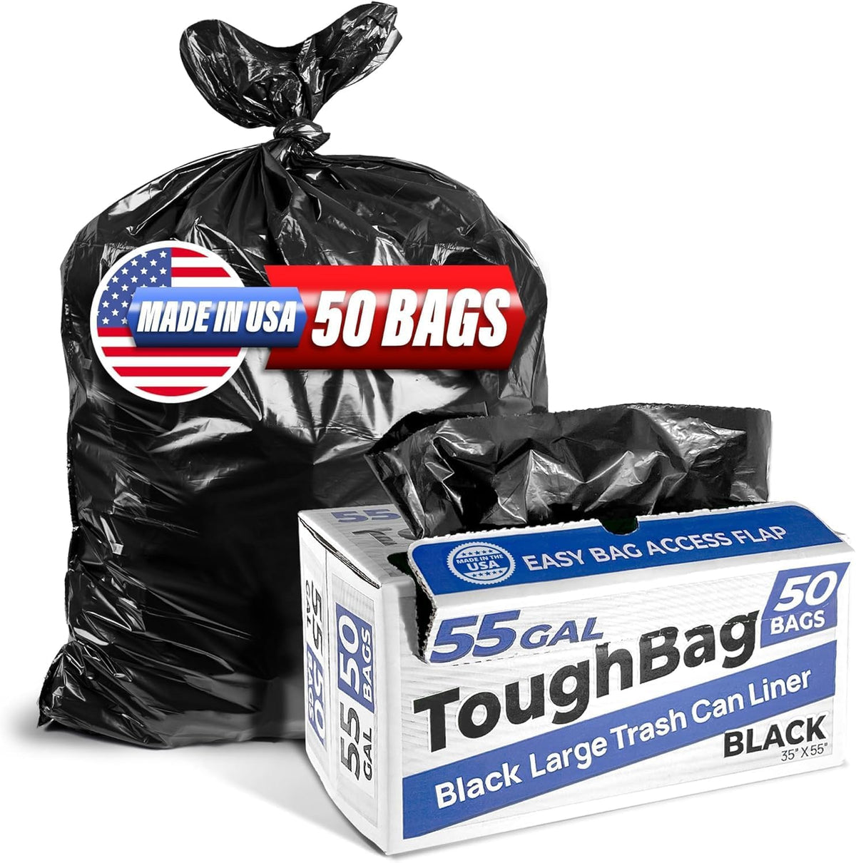 ToughBag 55 Gallon Heavy Duty Contractor Trash Bags, 50 Ct, Black, 1.2 Mil