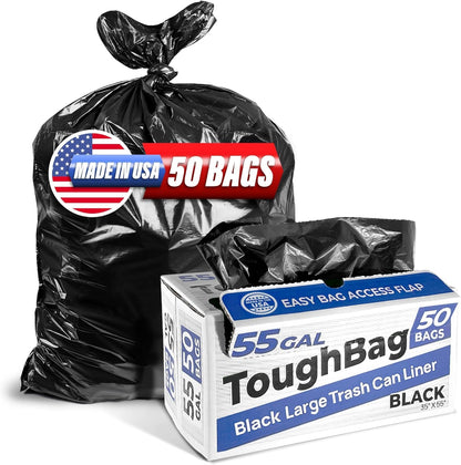 ToughBag 55 Gallon Heavy Duty Contractor Trash Bags, 50 Ct, Black, 1.2 Mil