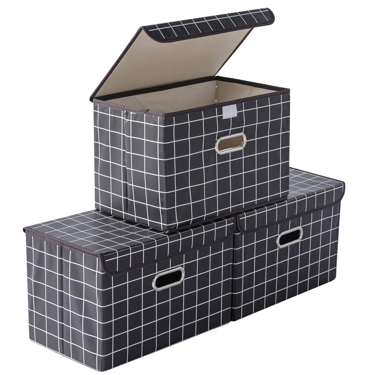 STOREONE Fabric Storage Cube Bins Foldable Organizer Container Collapsible Basket with Lids and Metal Handles, for Home, Bedroom, Closet (Black, 3 Pcs)