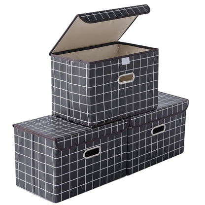 STOREONE Fabric Storage Cube Bins Foldable Organizer Container Collapsible Basket with Lids and Metal Handles, for Home, Bedroom, Closet (Black, 3 Pcs)