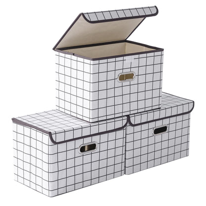 STOREONE Fabric Storage Cube Bins Foldable Organizer Container Collapsible Basket with Lids and Metal Handles, for Home, Bedroom, Closet (Black, 3 Pcs)