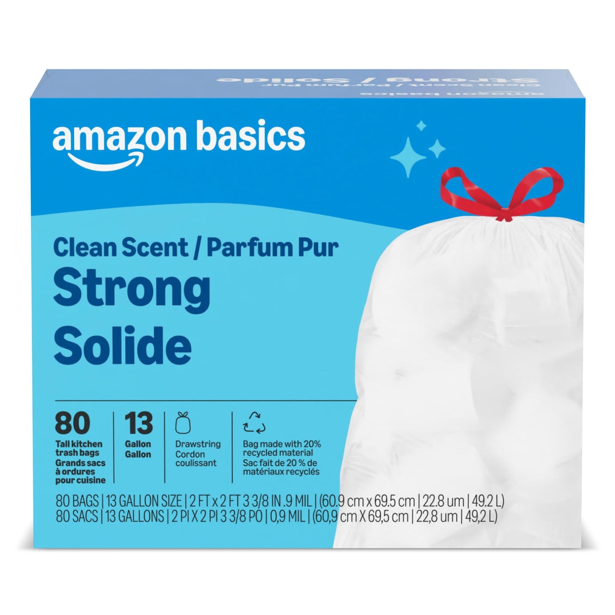Amazon Basics Scented Trash Bags, Tall Kitchen Drawstring, Clean Scent, 13 Gallon, 200 Count, Pack of 1, Packaging May Vary
