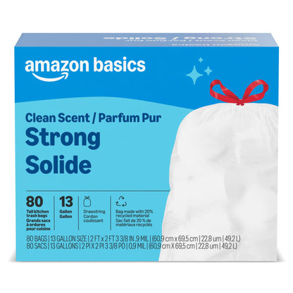 Amazon Basics Scented Trash Bags, Tall Kitchen Drawstring, Clean Scent, 13 Gallon, 200 Count, Pack of 1, Packaging May Vary