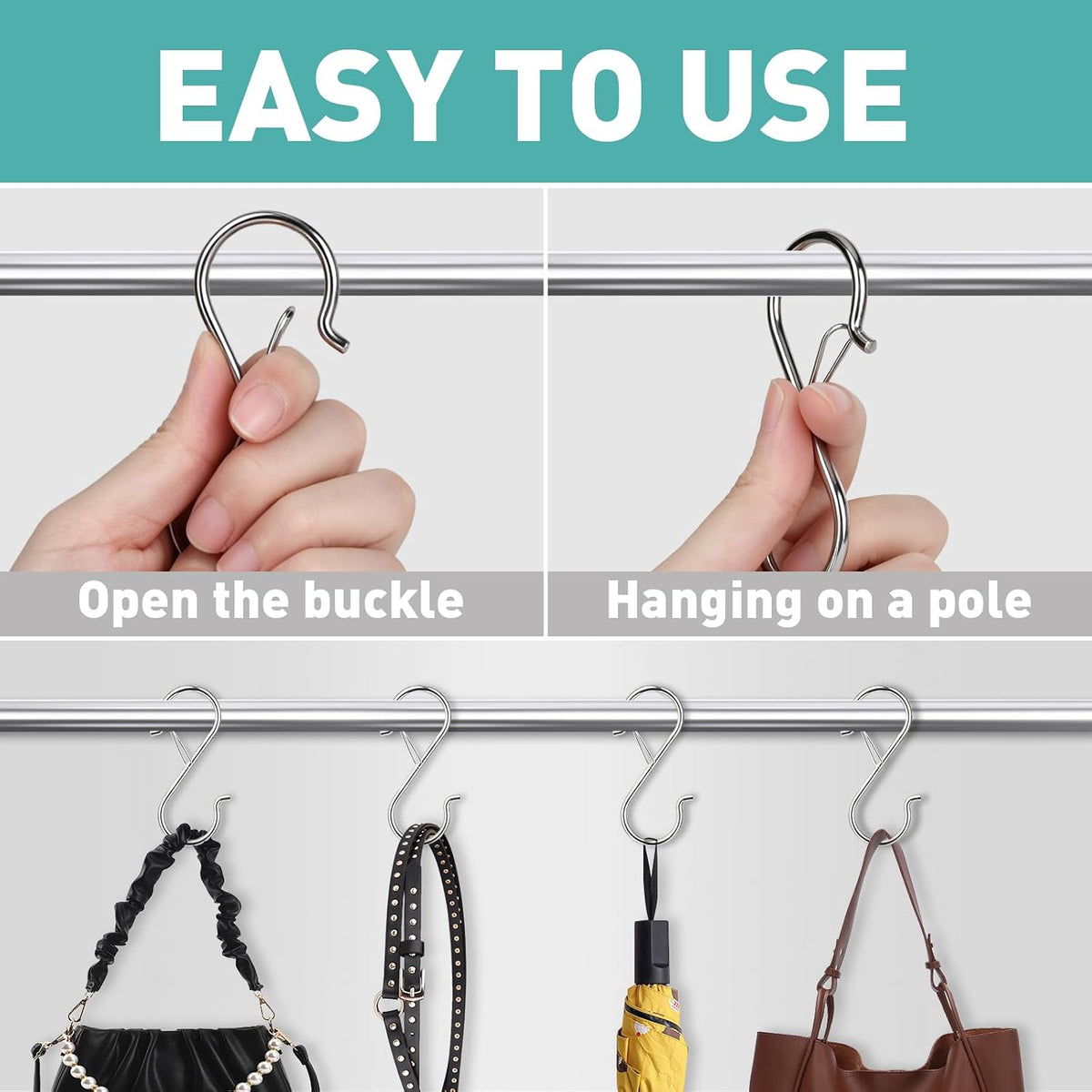 12 Pcs S Hooks for Hanging Heavy Duty, Metal S Hook with Safety Buckle