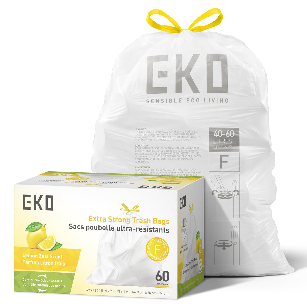 EKO 21 Gallon / 50-90 Liter, 60 Count Drawstring Trash Bags, Extra-Strong Unscented Garbage Bags, Easy-Dispense Roll for Kitchen & Household Use, Code G, White