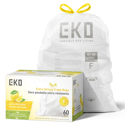 EKO 21 Gallon / 50-90 Liter, 60 Count Drawstring Trash Bags, Extra-Strong Unscented Garbage Bags, Easy-Dispense Roll for Kitchen & Household Use, Code G, White