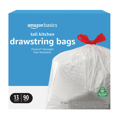 Amazon Basics 13 Gallon Tall Kitchen Drawstring Trash Bags, Flextra Strength, Tear Resistant, 10% Post Consumer Recycled, 120 Count