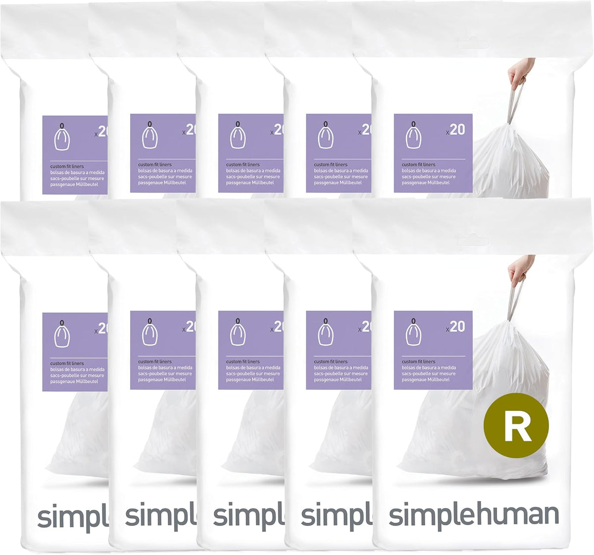 simplehuman Code R 100 Count Custom Fit Liners, Drawstring Kitchen Trash Bags, One-by-One Mess-Free Dispense, Extra Thick & Double Seamed, 50% PCR Plastic, 9-10 Liter / 2.6 Gallon, White