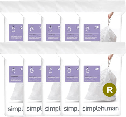 simplehuman Code R 100 Count Custom Fit Liners, Drawstring Kitchen Trash Bags, One-by-One Mess-Free Dispense, Extra Thick & Double Seamed, 50% PCR Plastic, 9-10 Liter / 2.6 Gallon, White