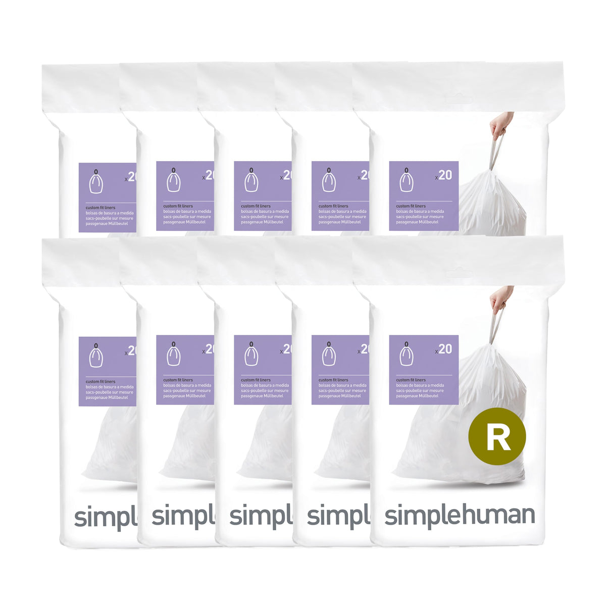 simplehuman Code R 100 Count Custom Fit Liners, Drawstring Kitchen Trash Bags, One-by-One Mess-Free Dispense, Extra Thick & Double Seamed, 50% PCR Plastic, 9-10 Liter / 2.6 Gallon, White