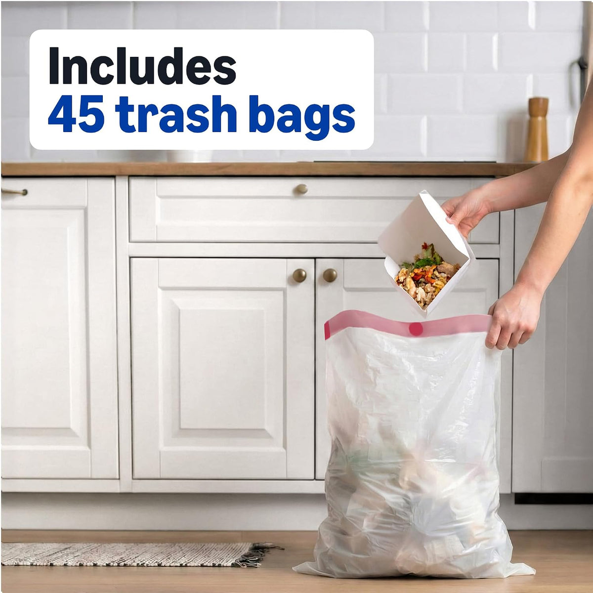 Amazon Basics Trash Bags, Tall Kitchen Drawstring, Unscented, 13 Gallon, 45 Count, Pack of 1, Packaging May Vary