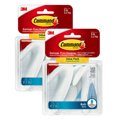 Command Large White Bath Hooks, 3 Hooks, 3 Strips
