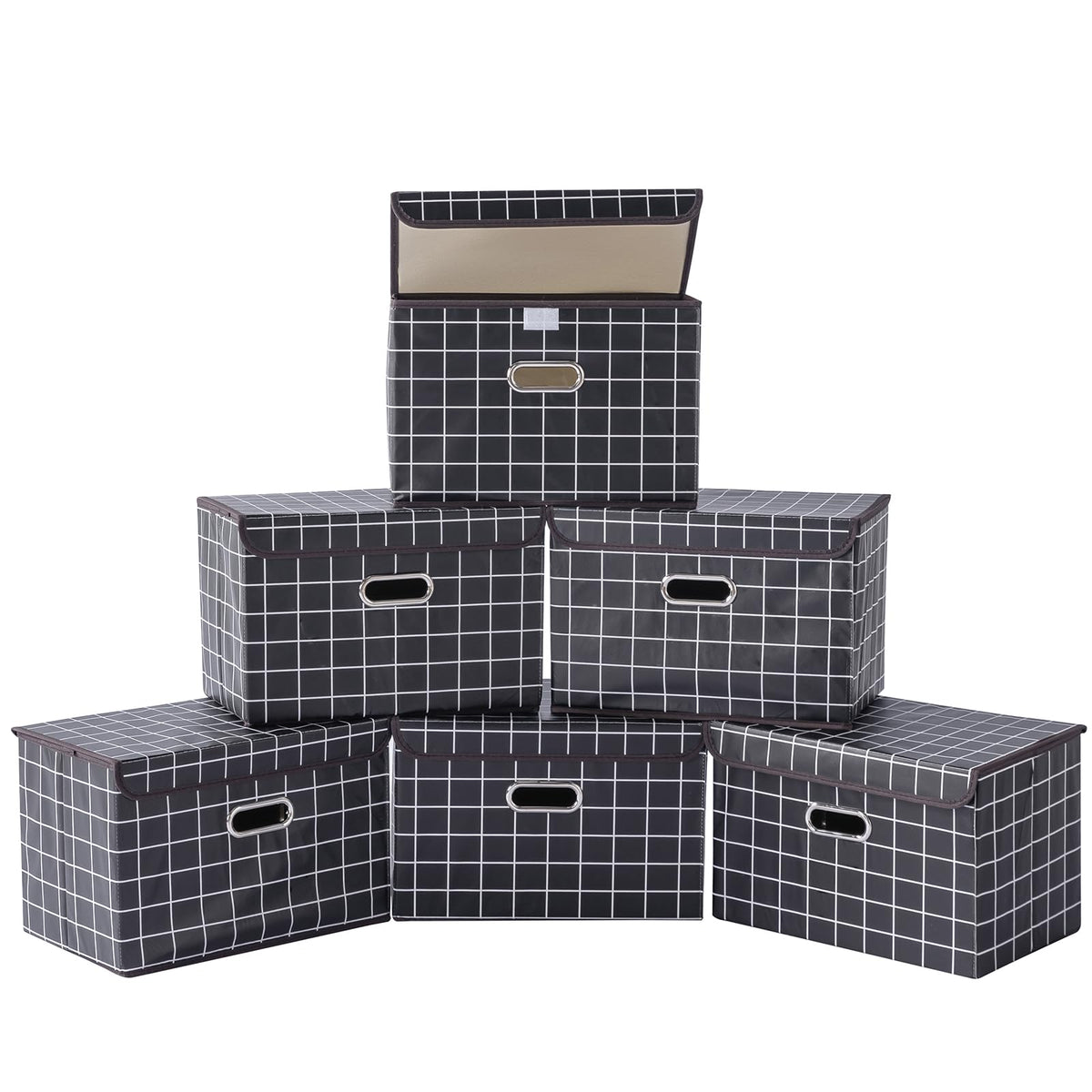 STOREONE Fabric Storage Cube Bins Foldable Organizer Container Collapsible Basket with Lids and Metal Handles, for Home, Bedroom, Closet (Black, 3 Pcs)